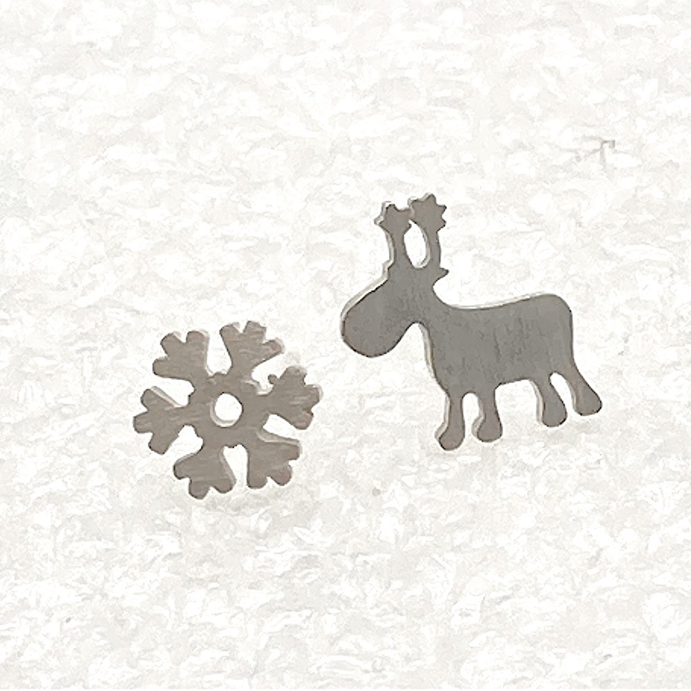 Vtg Sterling Silver Snowflake & Reindeer Mini Stud Earrings 8mm & 11mm Xmas
